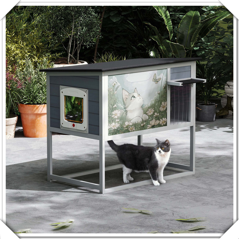Maison de chat d'extérieur résistante aux intempéries avec portes à rideaux