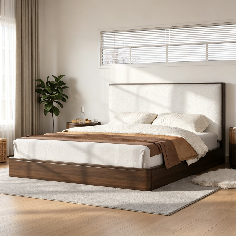 Structure de lit plateforme en bois massif avec tête de lit tapissier bouclée, sans sommier, noyer, Walnut, Queen