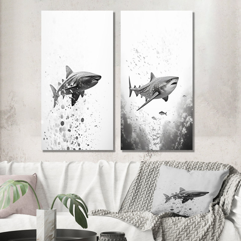 Danse du requin gris monochrome - ensemble de 2 décorations murales de requin, H 28 po x l 25 po, Toile tendue