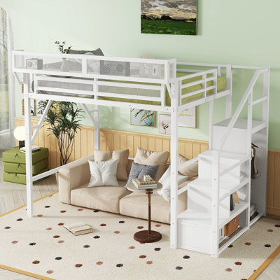 Full Size Loft Bed with Stairs, Metal Full Loft Bed with Storage Shelves, High Loft Bed with Wardrobe for Kids Teens, White, Patent Products by Latitude Run