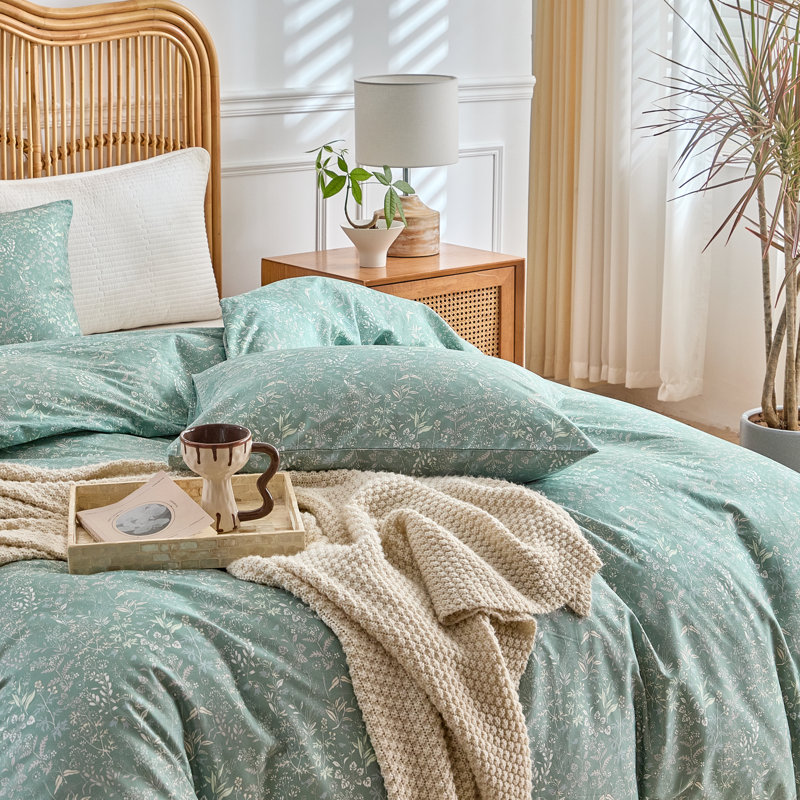 3-Piece  100% Cotton Wildflower Pattern Duvet Cover Set, King Duvet Cover + 2 King Pillowcases, Sage Green