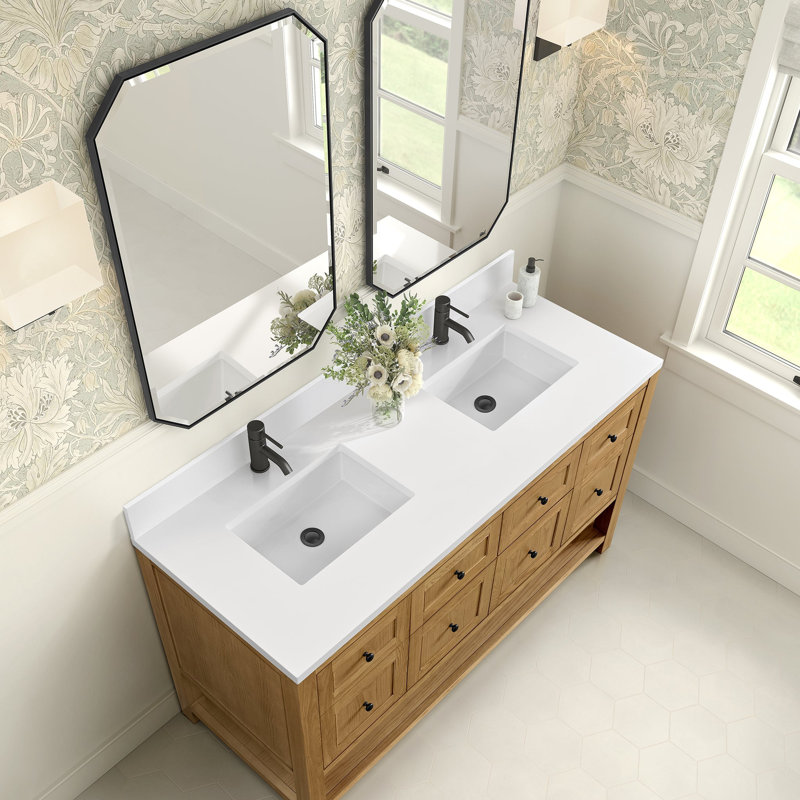 Breckenridge 60'' W Double Vanity, Single Hole, Light Natural Oak, White Zeus Silestone