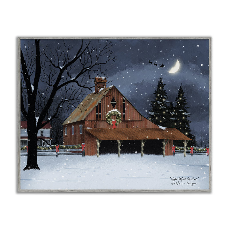  «Night Before Christmas Barn», art de la giclée encadrée par Billy Jacobs, H 16 po x l 20 po, Estampe numérique Farmhouse