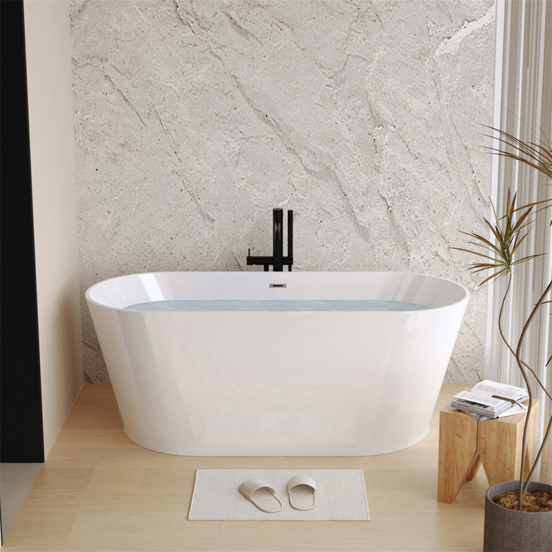 Baignoire autoportante en acrylique blanc brillant de 59 po - Baignoire de trempage autonome, drain chromé Toe-Tap, certification Cupc et conception compacte