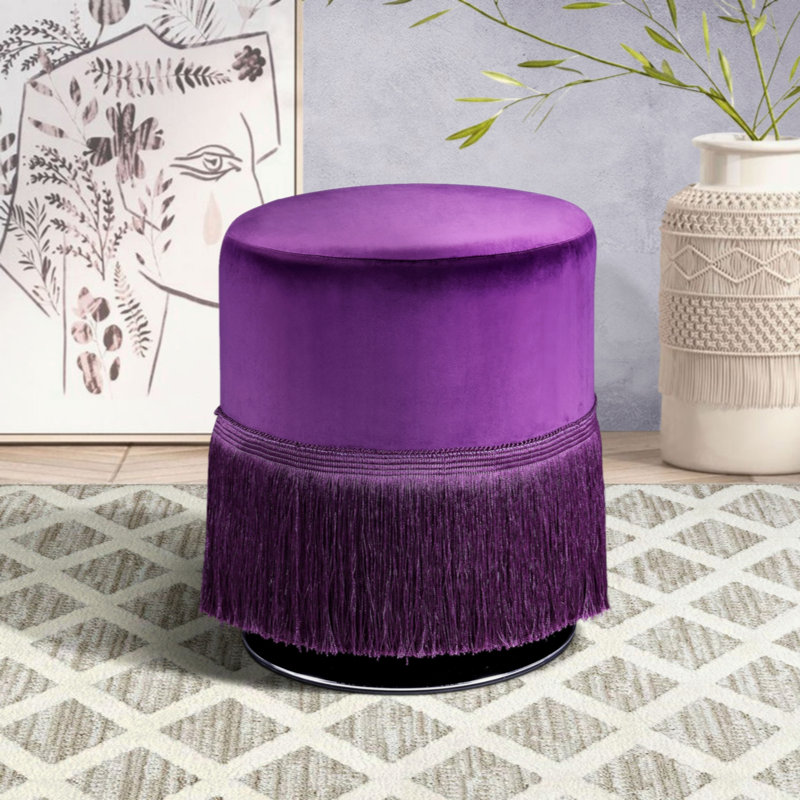 Repose-pieds rond aubergine mauve avec frange