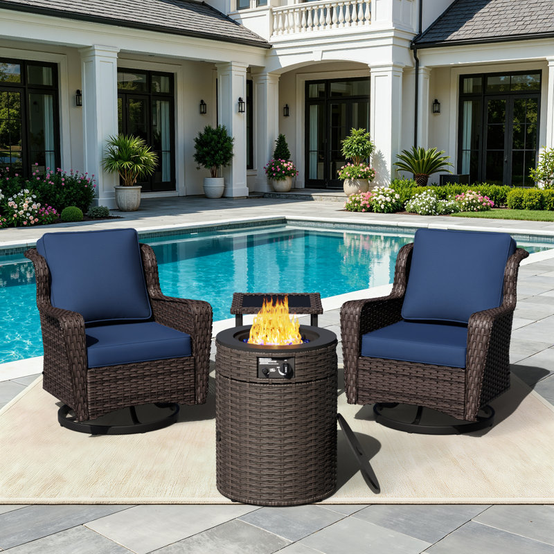 4-Piece Outdoor Patio Set With Fire Pit Table, Swivel Chairs, Side Table & Blue Cushion, Blue