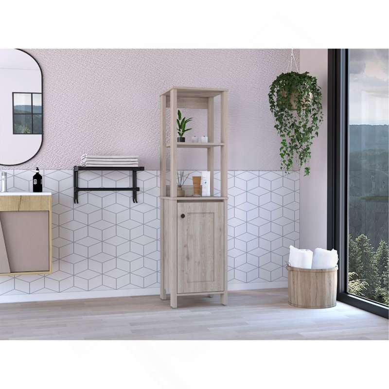 Armoire à linge, deux tablettes intérieures, deux tablettes ouvertes, une porte, Gris