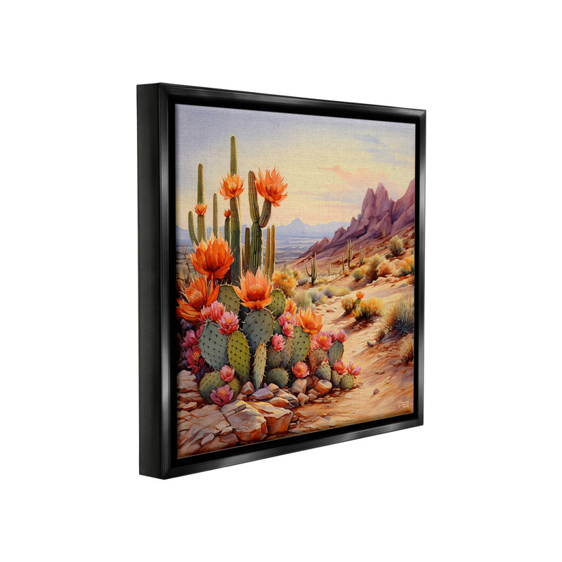 «Cactus Flower Landscape» par RB sur, H 18 po x l 18 po, Cadre flottant noir de jais