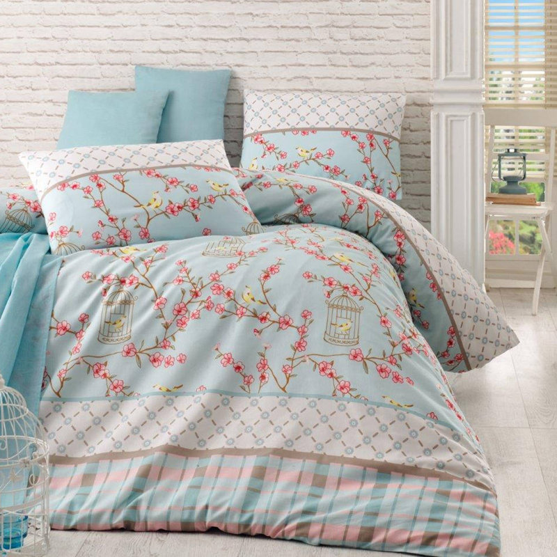 Ensemble de housse de courtepointe très grand (2 pièces), turquoise et blanc | 65% coton / 35% polyester, lavable à la machine à 30 ° C, housse de couette à fermeture à boutons et enveloppes | Literie douce, élégante et durable