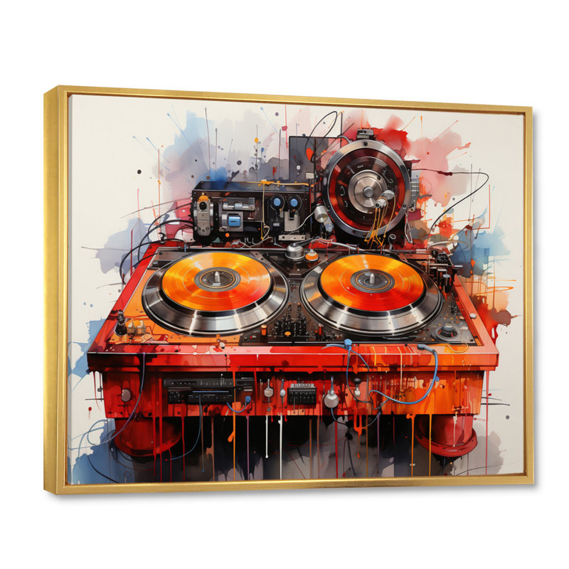 «Abstract Turntables Music Boom Boxes I», reproduction d'art sur toile, H 16 po x l 32 po x P 1 po, Cadre flottant doré