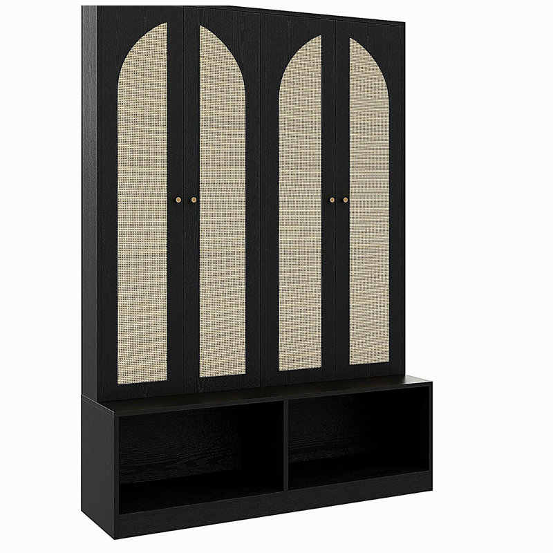 Hall Tree with 4 Rattan Doors, Versatile 4-In-1 Seating Bench with 6 Hooks, Mid-Century Entryway Shoe Cabinet with Adjustable Shelf