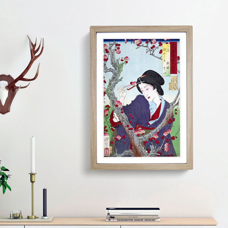 Woman by a Plum Tree by Tsukioka Yoshitoshi - Framed Print, 36cm H x 27cm W x 2cm D, Oak Framed