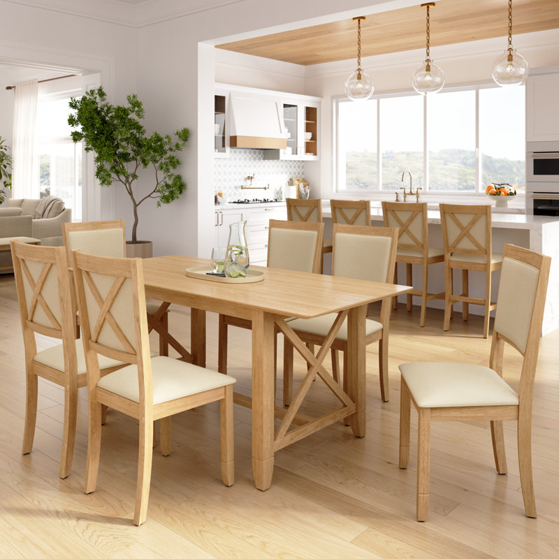 Ensemble de 2 chaises de salle à manger, siège rembourré, dossier en X, bois de ferme, chêne blond et tissu beige