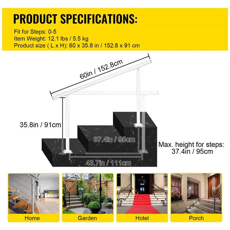 White Aluminum Adjustable Outdoor Stair Handrail for 0-5 Steps