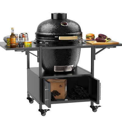 Outdoor Grill Table For Big Egg - Like Bbqs, Metal Structure With 2 Foldable Platforms, Can Hold Grills Up To 21 Inches, Heavy Duty Iron Build, Ample Tool Storage, Simple Installation, Movable And