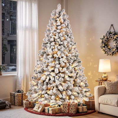 Sapin artificiel floqué de 2,4 m (8 pieds) avec 1392 branches, 450 lumières incandescentes, trois sections et support pliable