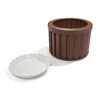 Pot rond rond brun foncé en aluminium léger avec drainage prédécoupé pour une gestion efficace de l'eau, finition de ton de bois moderne, rétention du plateau interne, profondeur de 8,49 po, largeur, 6,34 po, 2,97 lb
