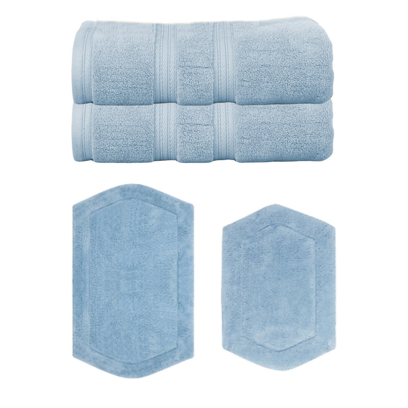 Bryd Collection 100% Soft Cotton 2 Pc Bath Towel Set & 2 Pc Bath Rug Set, (Set of 4), Blue
