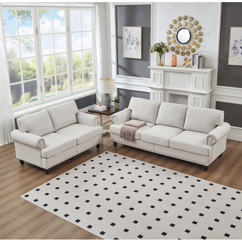 Canapé rembourré de style moderne et classique avec clous pour salon 2 + 3 places, Beige