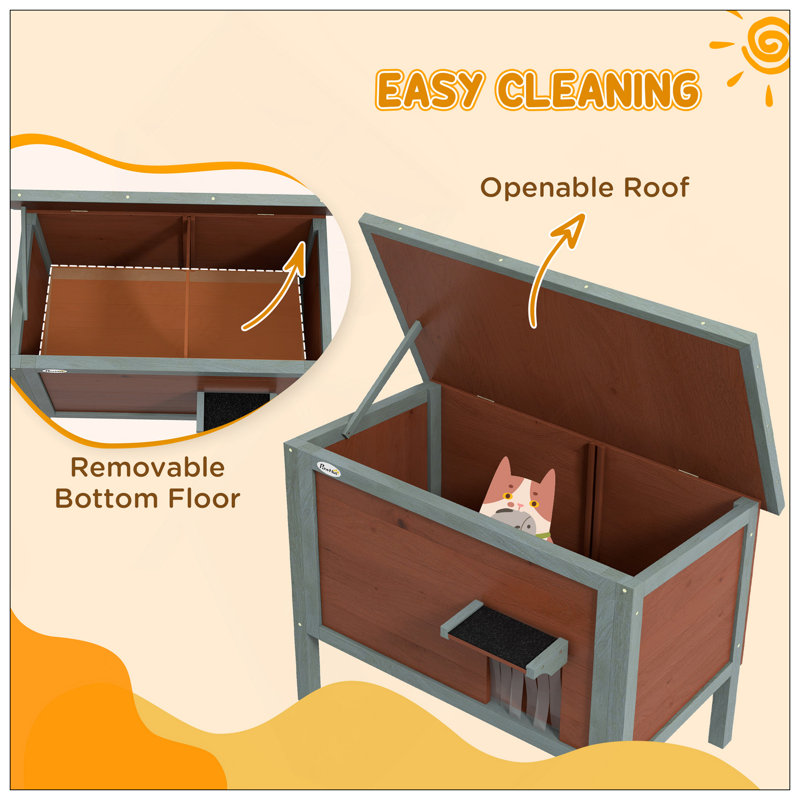 Maison pour chat résistante aux intempéries et à l'abri des intempéries, abri en bois avec plancher amovible et toit ouvrable, brun