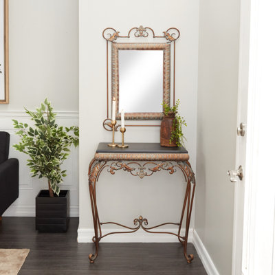 Lulu 2 Pieces Bronze Metal Leaf Console Table with Mirror with Scrolled Legs 32", 32"H