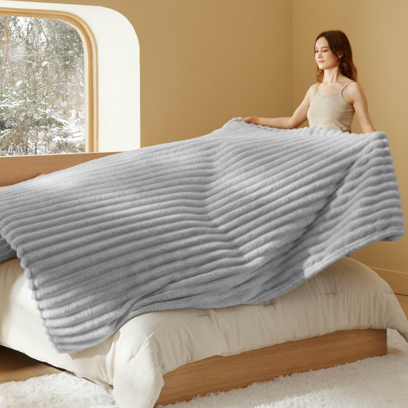 Bedsure 349gsm Blanket For Couch - Super Soft Cozy Blankets, Cute Small Fleece Blanket, Wider Striped Design, Light Gray