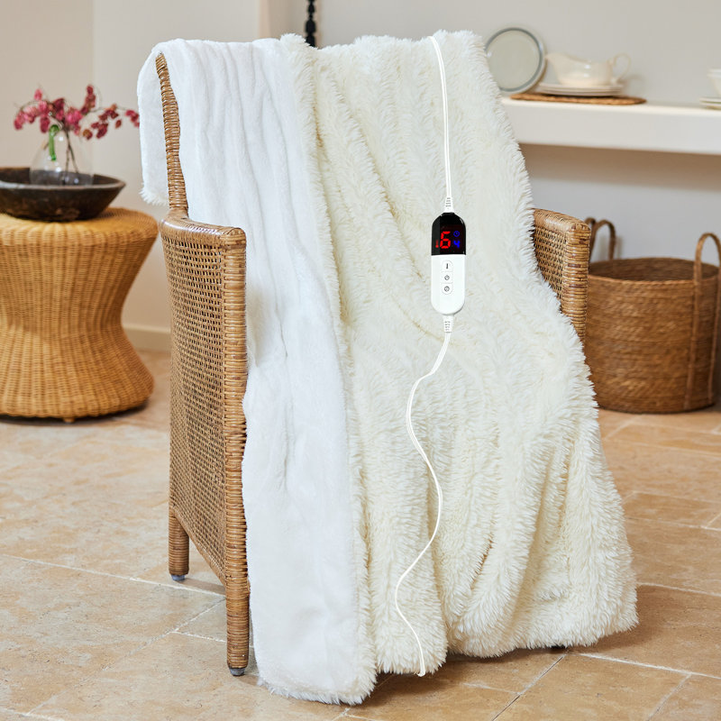 Couverture chauffante en fausse fourrure de lapin avec double contrôle 6 niveaux de chauffage et 10 heures d'arrêt automatique, lavable à la machine, chauffage rapide (blanc, 50 po x 60 po)