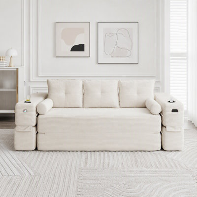 Canapé-lit convertible compact à trois sièges au design minimaliste, futon avec siège-lit désossé, canapé de plancher en velours côtelé doux, appuis-tête réglables et mobiles, soutien dorsal épais