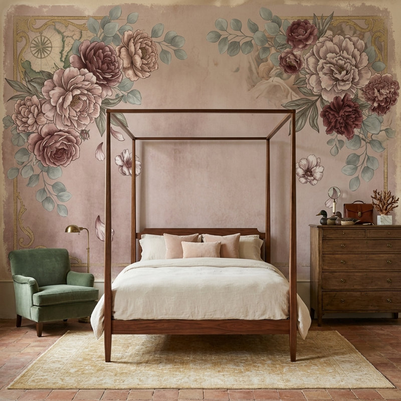 Papier peint floral rétro avec pivoines roses, 160 po x 108 po, Non tissé