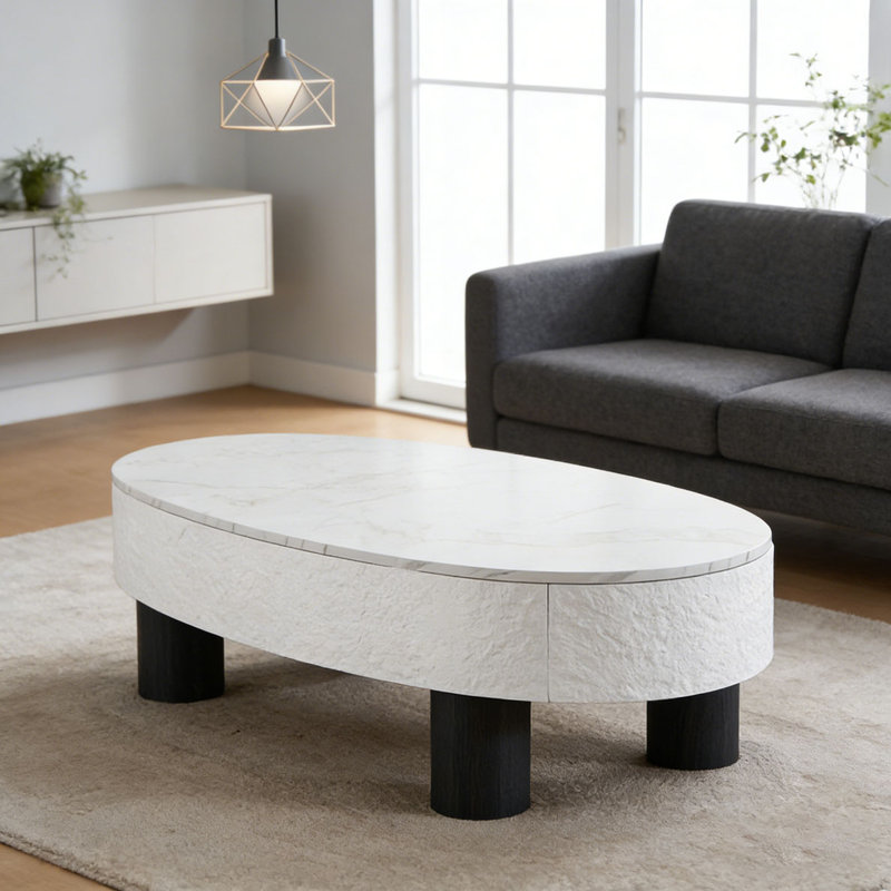 Table basse ovale avec plateau en faux marbre