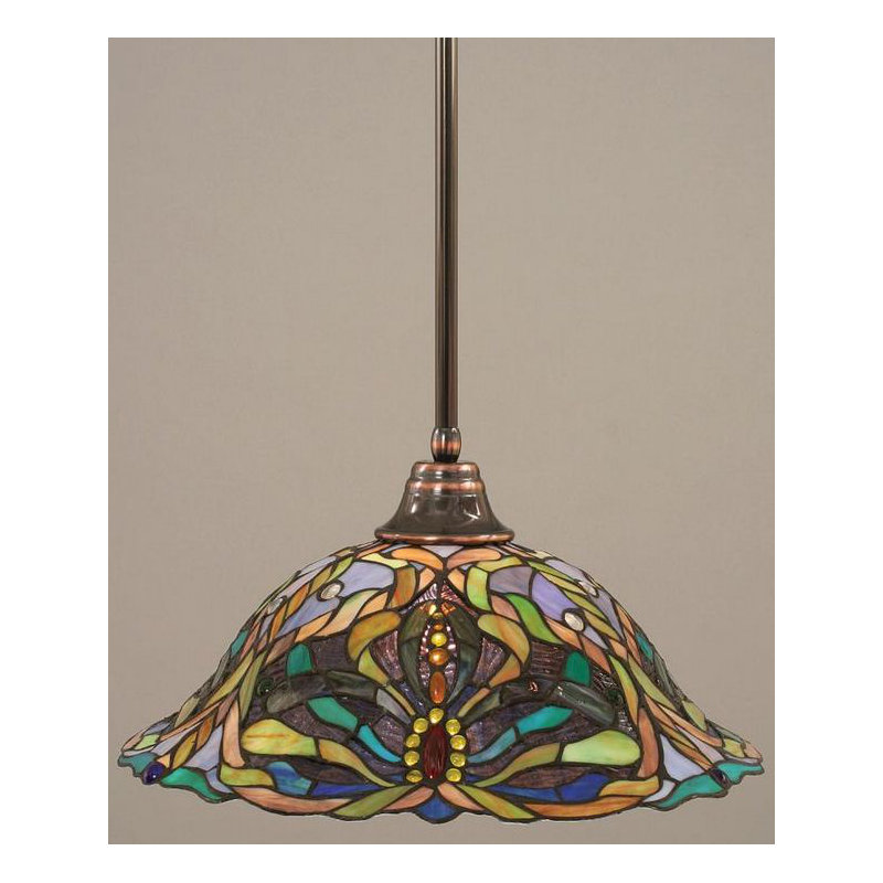 Luminaire suspendu avec tige en verre, Bronze, 18 po, Verre Tiffany kaléidoscope