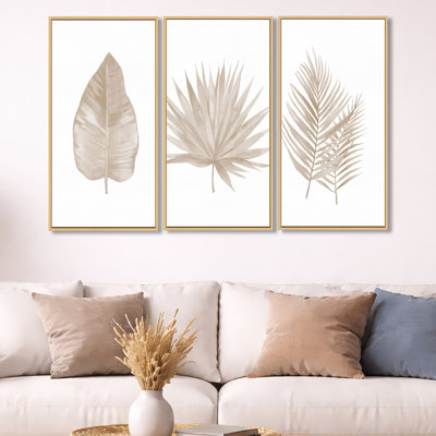 Tropical Leaf Canvas Wall Art Set, Beige Botanical Decor Print - Tropical Beiges Leaves