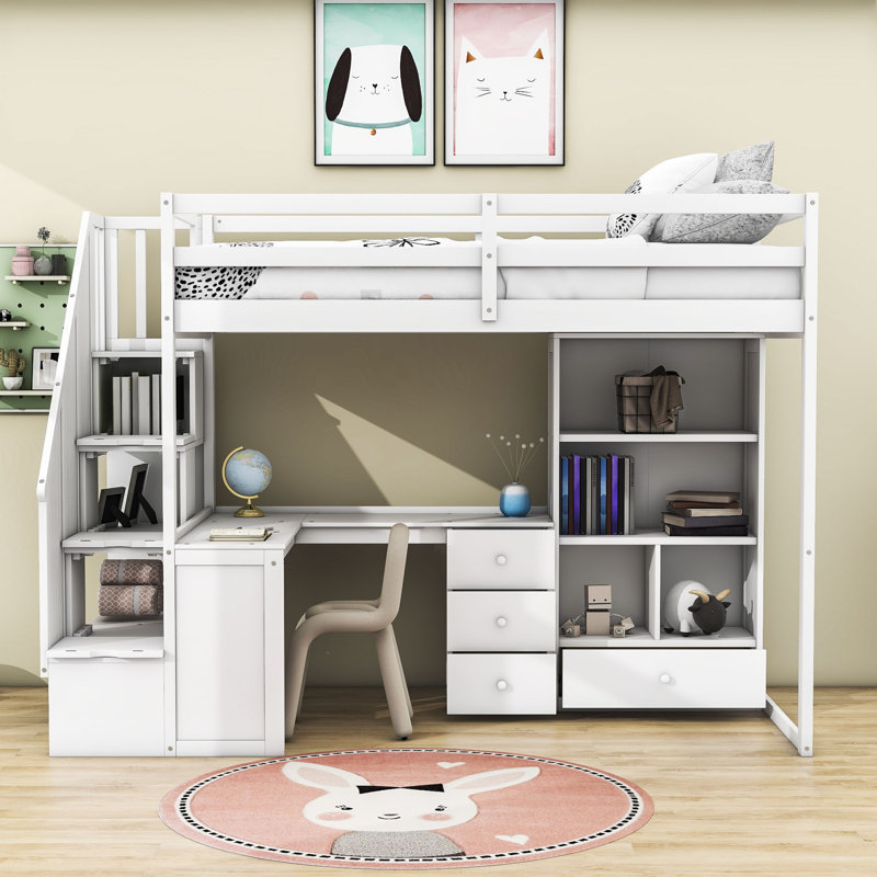 Haken Kids Twin Loft Bed with Drawers, White