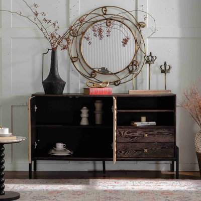 56.30" Mid-Century Modern Sideboard Cabinet - Solid Wood & MDF 3D Geometric Pattern Buffet, 2 Doors + 2 Drawers Storage Console Table