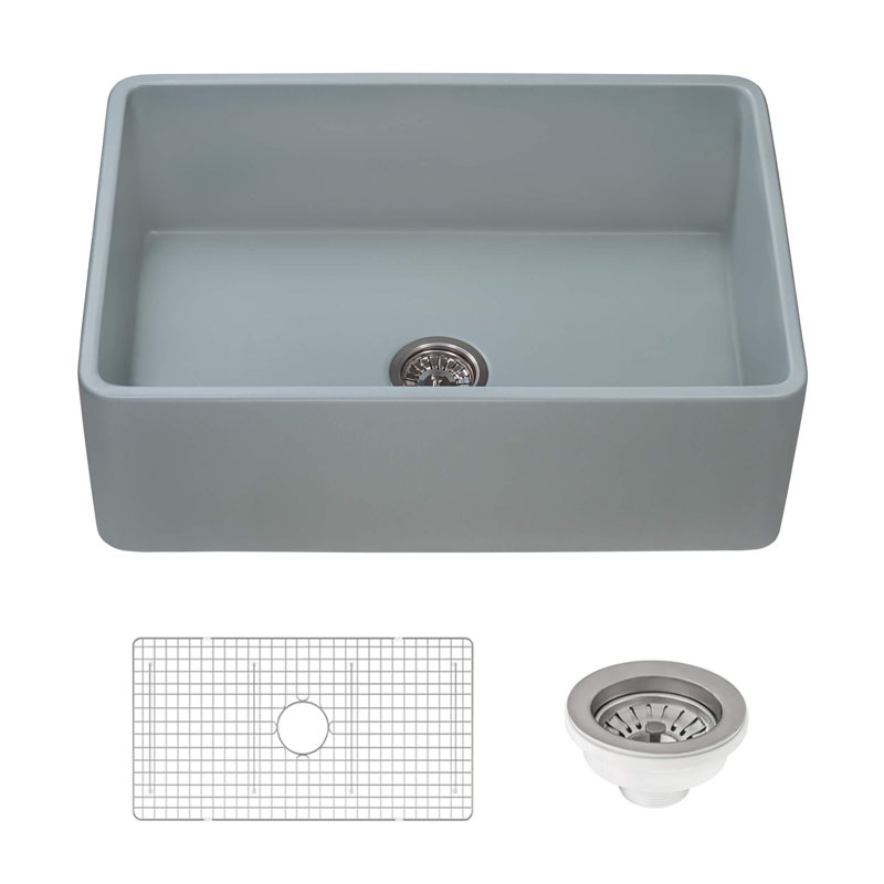 Fiamma 33" L x 20" W Farmhouse Kitchen Sink with Sink Grid and Drain Assembly, Horizon Gray