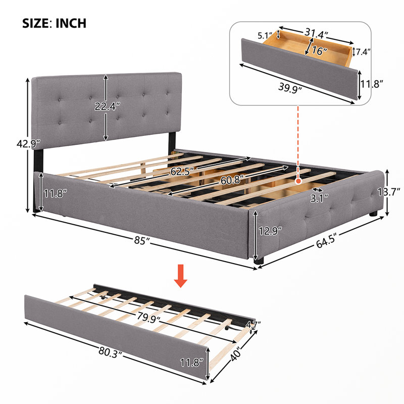 Grand lit plateforme avec rangement Beneduce, gris