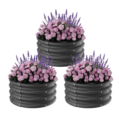 Jardinières surélevées galvanisées, boîte à fleurs ronde en métal 3 pièces 2 x 2 x 1 pi pour le jardinage extérieur, noir