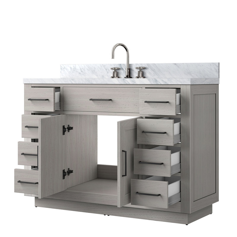 48 po L 22 po x P 22 po. Meuble-lavabo simple en chêne blanc avec robinet et tiroir large