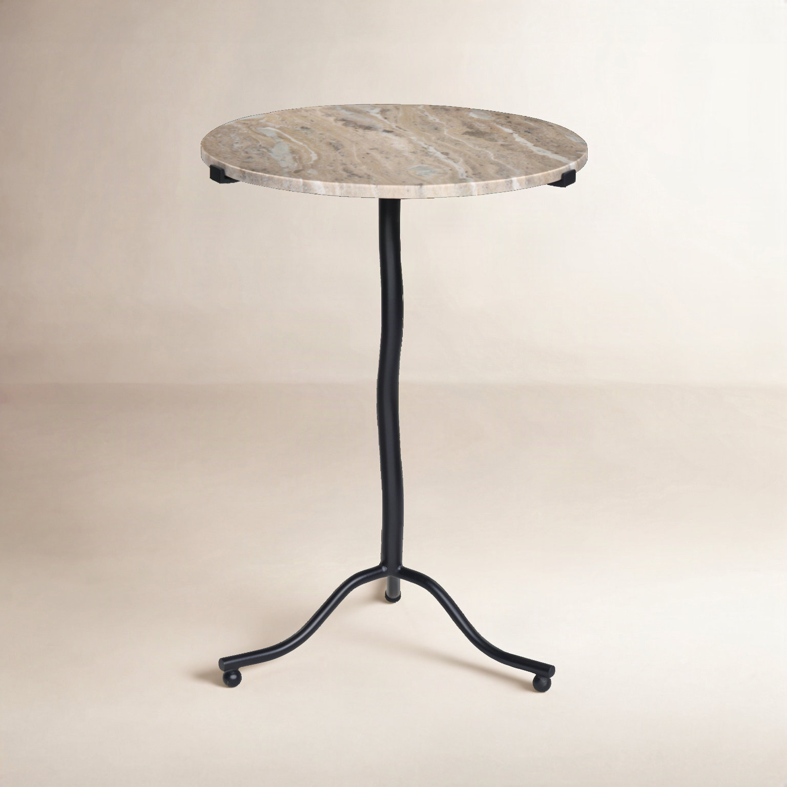 18" Genuine Marble End Table, Beige Top/Black Base