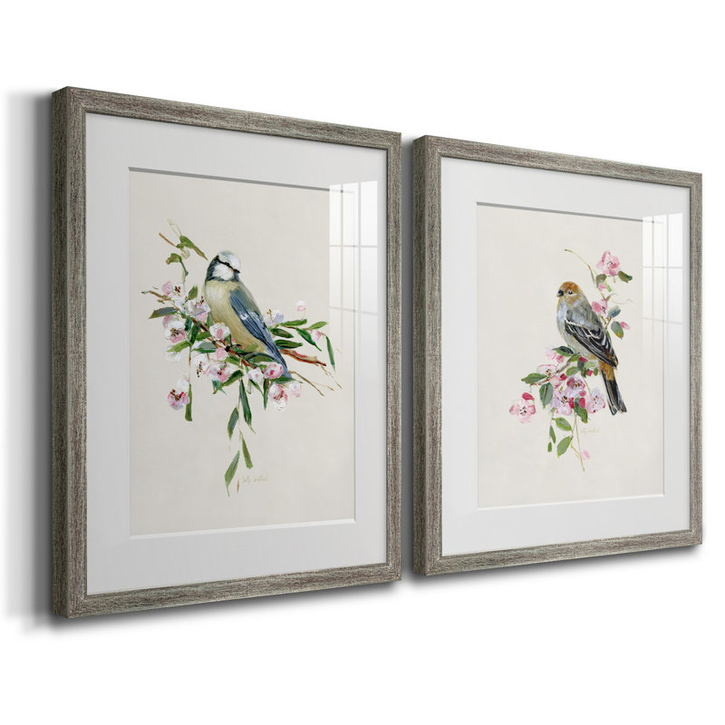 Spring Song Blue Bird - Natural History Print, Matted and Framed Under Acrylic Glass, Set of 2, Study and Living Room Wall Art