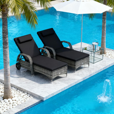Rolling Outdoor Chairs,2 Reclining Chaise Lounge Chairs,With Cushion, Pillow, Headrest, Armrests, And Wheels