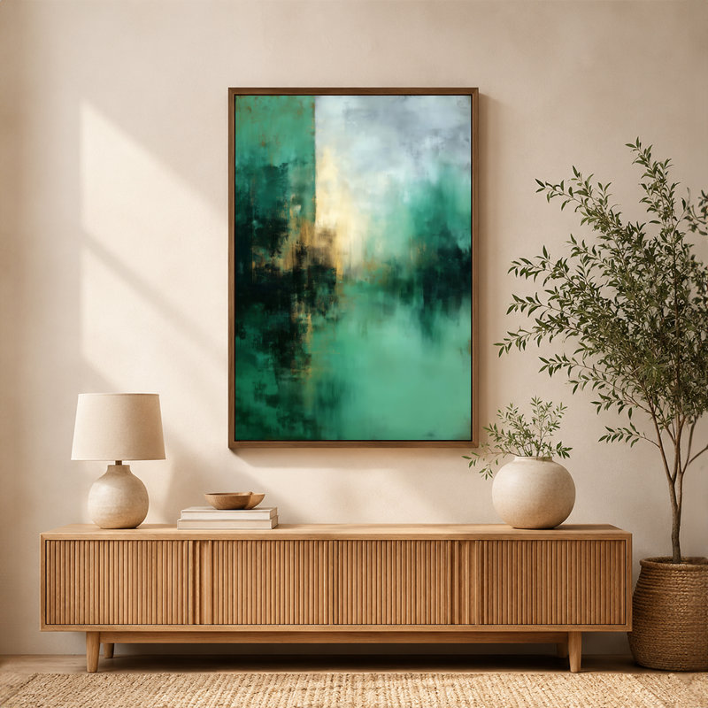 Art mural sur toile abstrait vert sarcelle doré avec cadre flottant, prêt à être accroché, 16 x 24 po, Blanc
