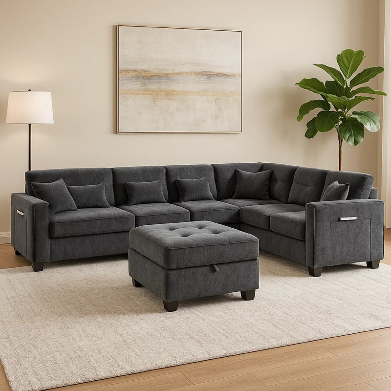 Canapé modulaire Reyna, repose-pieds, dossier réglable, chenille grise 115 po