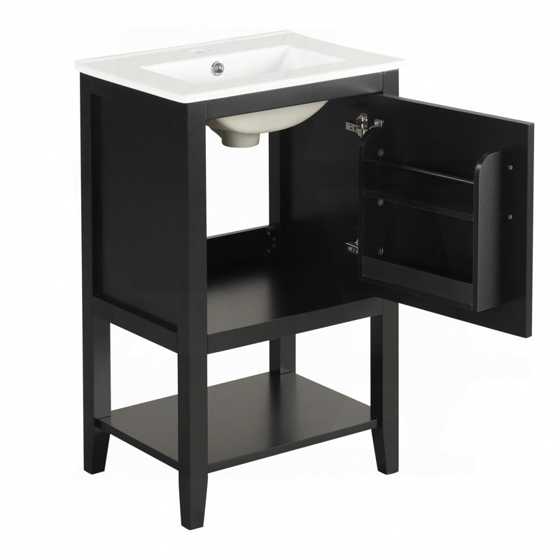 Meuble-lavabo de salle de bain avec lavabo, armoire de salle de bain avec porte à fermeture douce, support de rangement et tablette ouverte