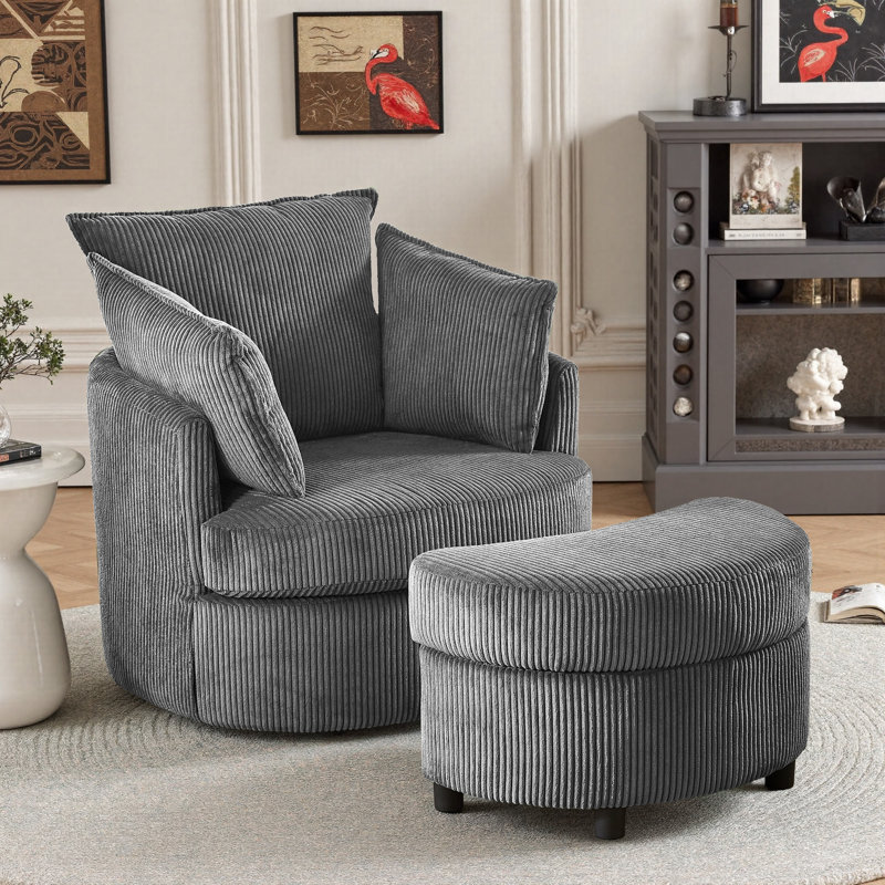 Swivel Accent Chair Round Barrel Armchair Upholstered Living Room Chair Corduroy Reading Chair Single Sofa Chair For Bedroom Apartment Office