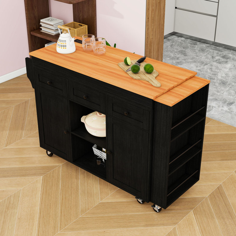 Rolling Kitchen Island with Power Outlet, 3 Drawers, 2 Doors and Shelves, Black