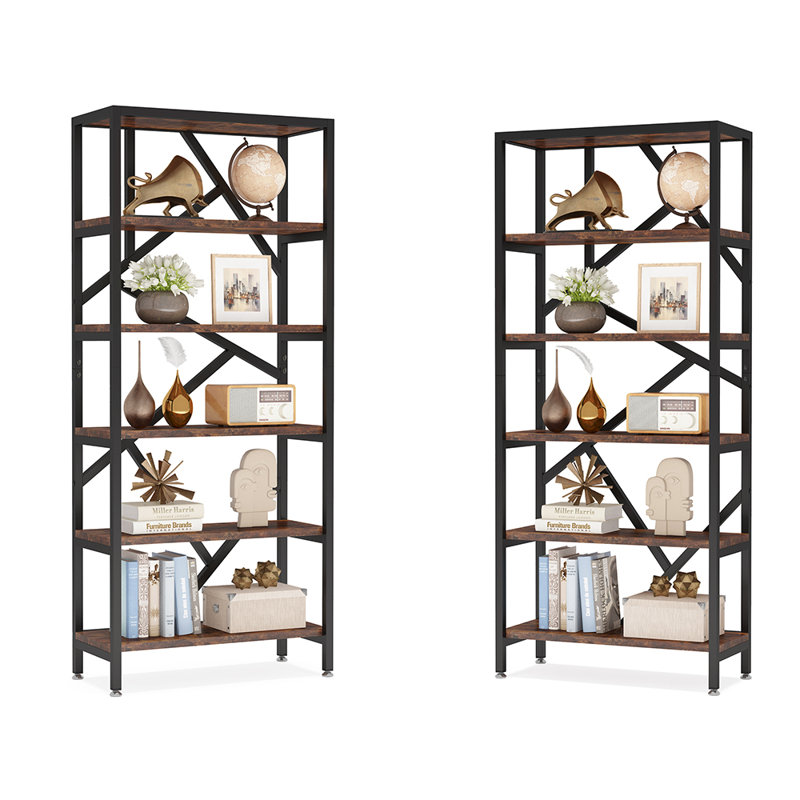 31.5"W x 70.87"H Myrikle Etagere Bookcase Bookshelf 6 Tier Open Back Baker's Rack Brown Black Sets Of 2 Display Shelving 2 Pcs