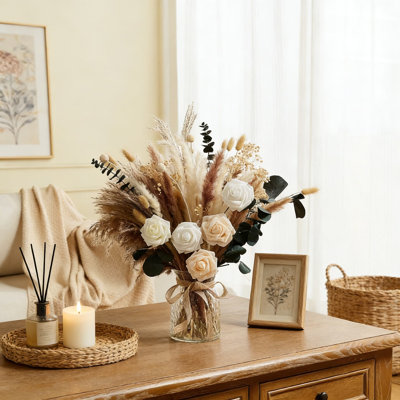 Artificial Flower Arrangement In Vase With Dried Pampas Grass, Rustic Floral Centerpiece For Home And Office Decoration, Farmhouse Table Decor