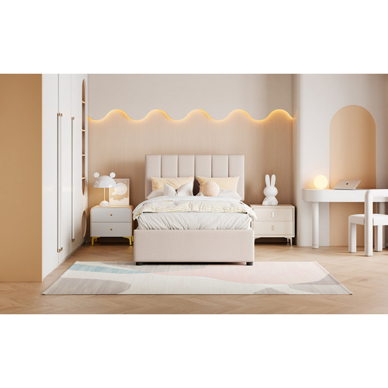 Lit simple avec rangement relevable, lit plateforme tapissier avec système de rangement hydraulique, tête de lit à rayures verticales, aucun sommier requis, assemblage facile, beige