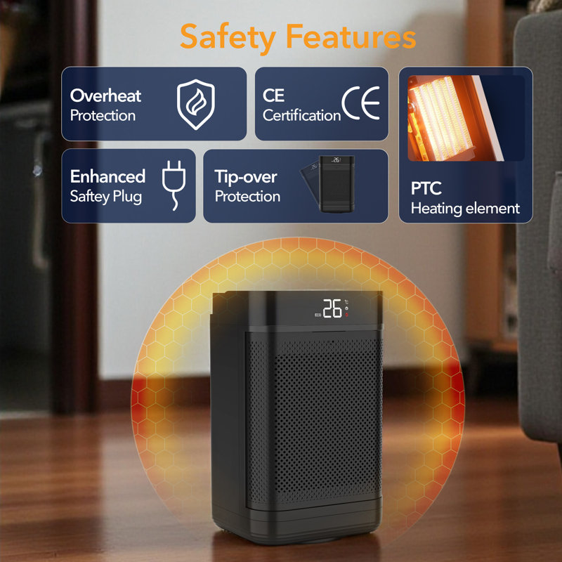 Air Pro 1500W 1 BTU Electric Compact Space Heater with Adjustable Thermostat and with Digital Display, Black
